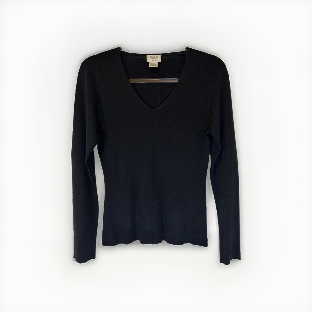 Brooks 346 Silk Knit V-Neck Sweater Women L Black Long Sleeve Ribbed Vintage Top